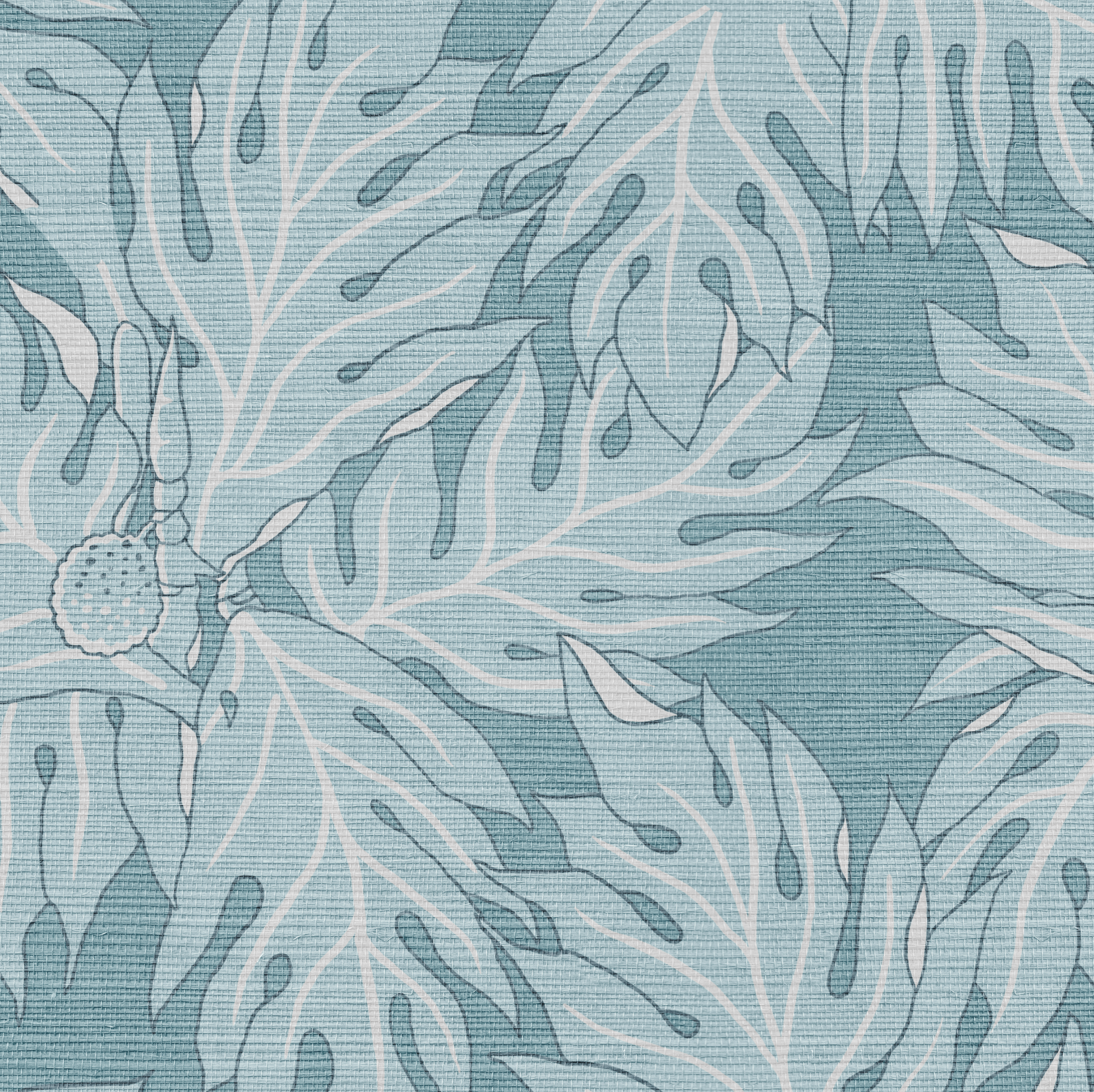 Blue Breadfruit Grasscloth wallcovering with a subtle woven texture and light blue botanical leaf pattern.