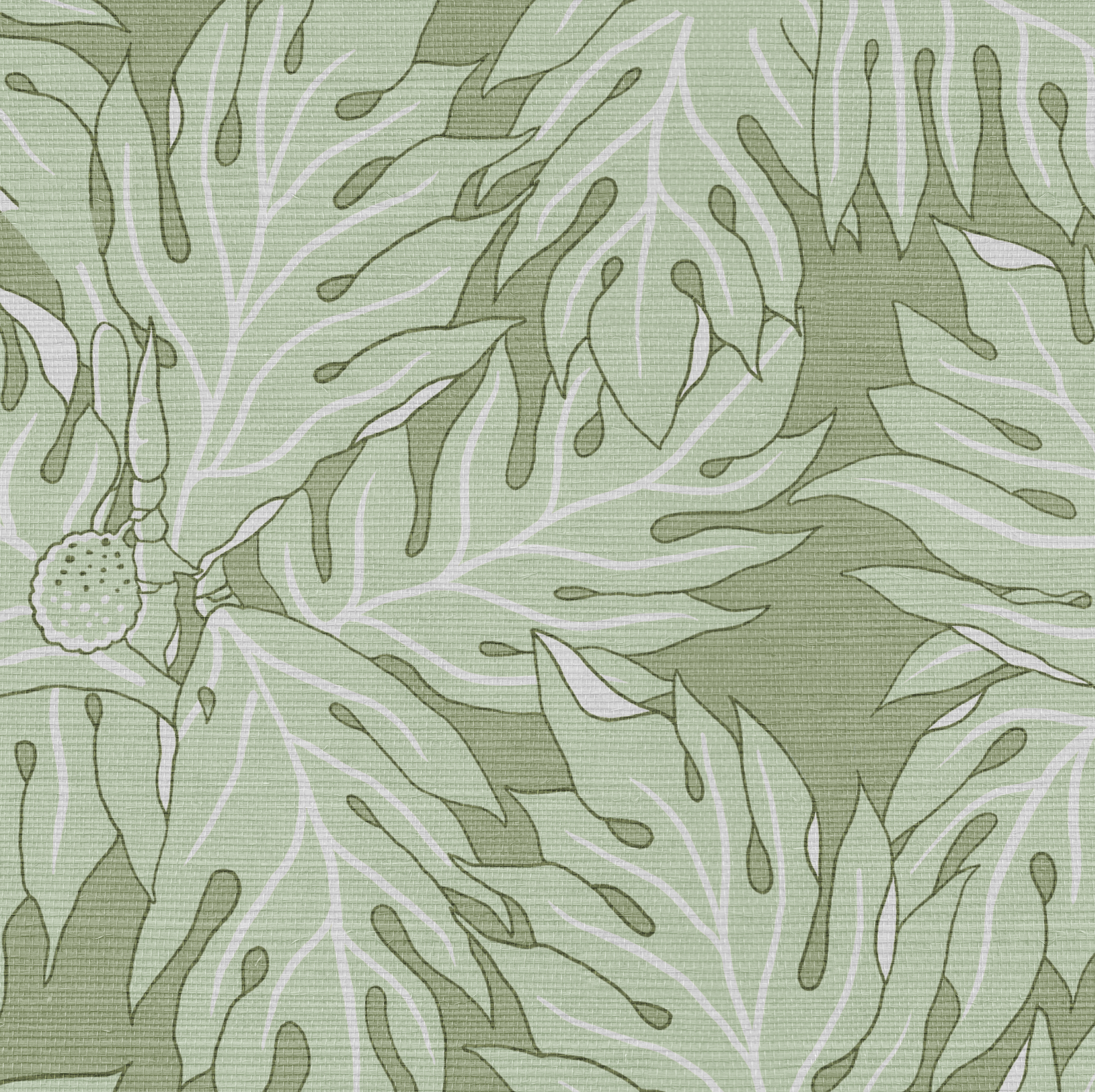 Green grasscloth wallcovering with a repeating breadfruit leaf pattern in light green and white.