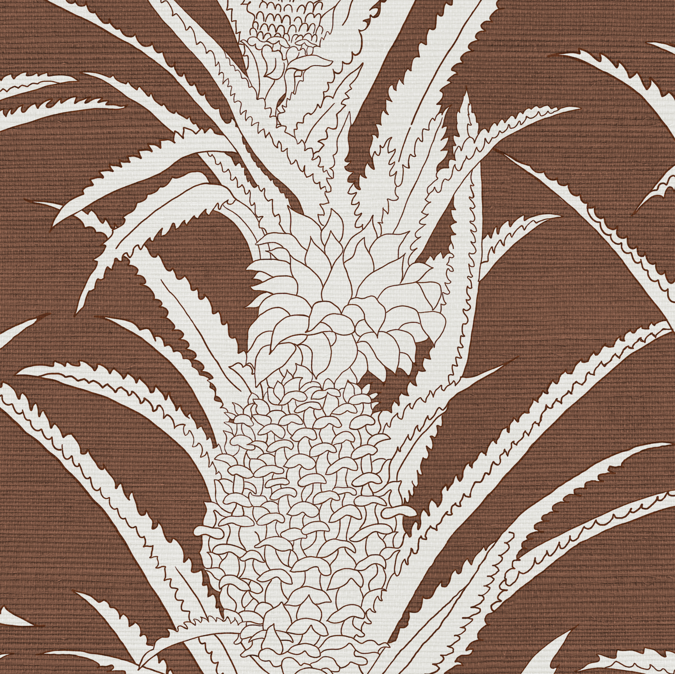 Brown grasscloth wallcovering with an off-white pineapple and leaf pattern.