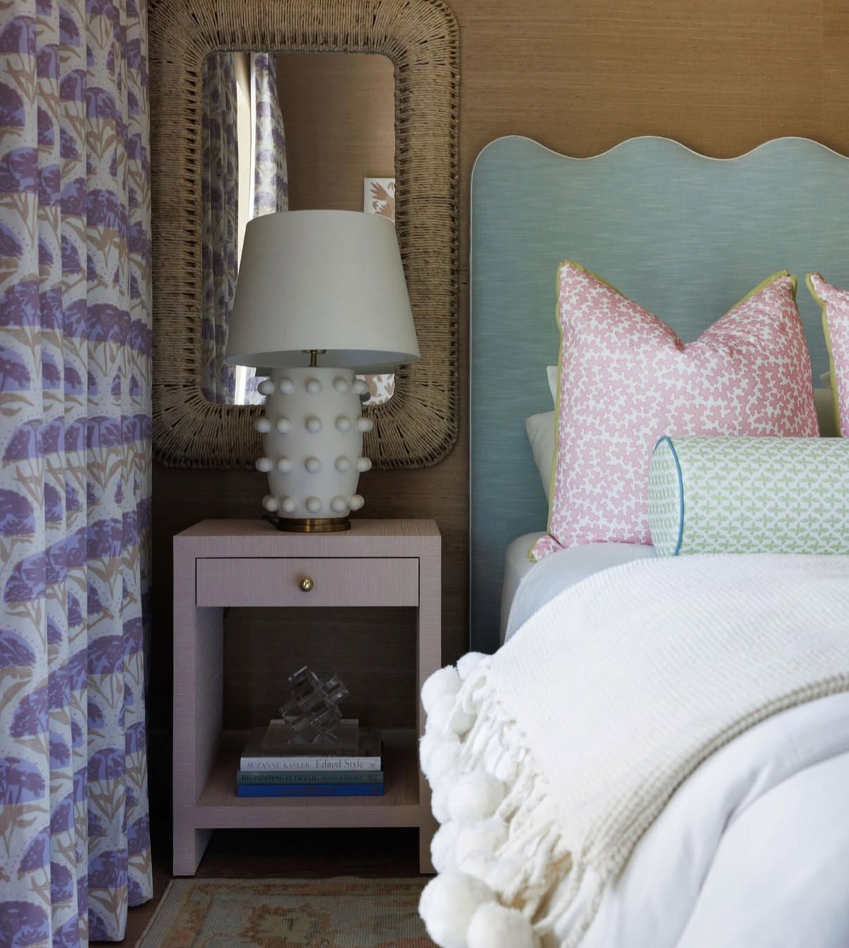 Bedroom with Posey Fabric - Apple curtains, light blue scalloped headboard, pink and green pillows.