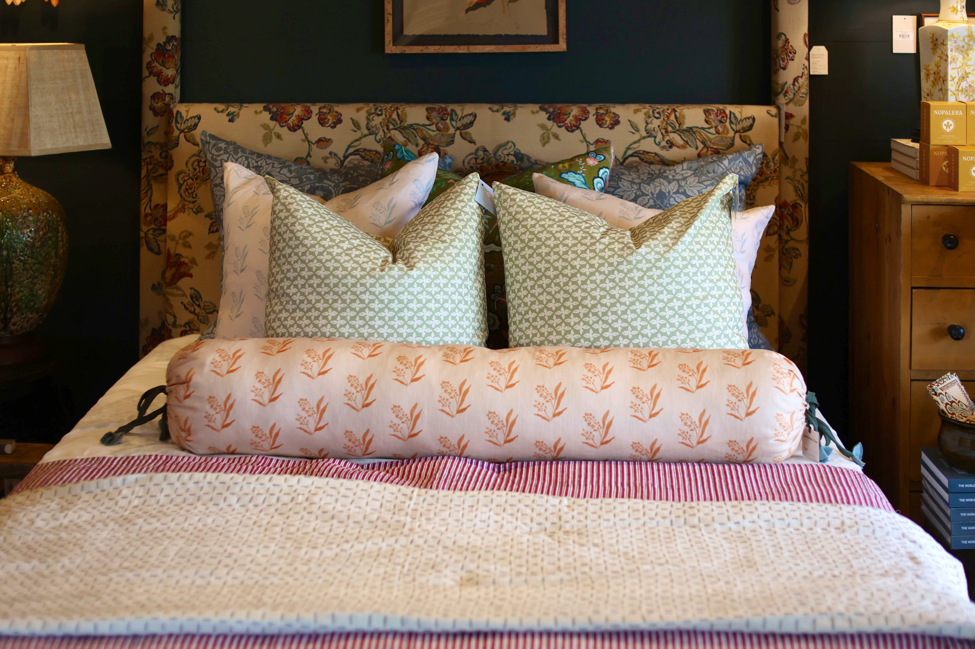 Marigold EH x Renee Bouchon Marbella linen fabric yardage with a floral pattern, ideal for bedding.