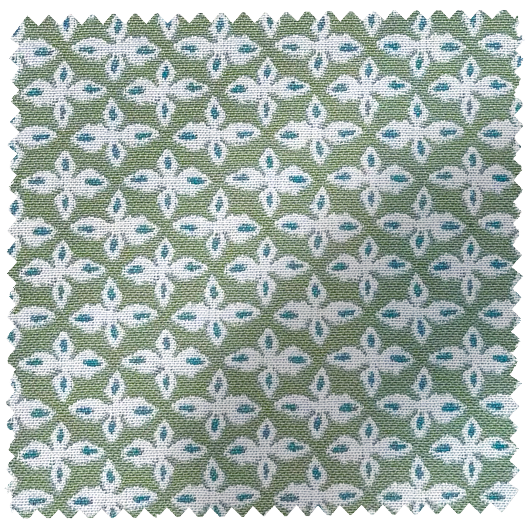 EH x Sunbrella Posey Fabric in Fern, featuring a green background with white and teal floral geometric pattern.