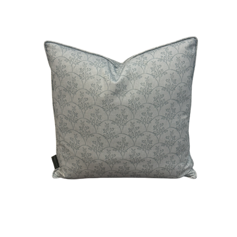 Laurel House Blue 20x20 pillow with self welt, featuring a subtle leaf pattern on light blue fabric.
