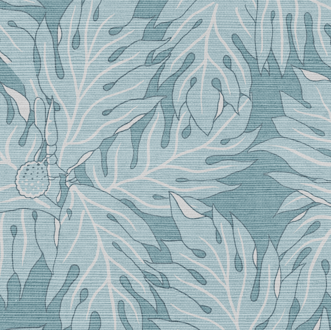 Blue Breadfruit Grasscloth wallcovering with a subtle woven texture and light blue botanical leaf pattern.