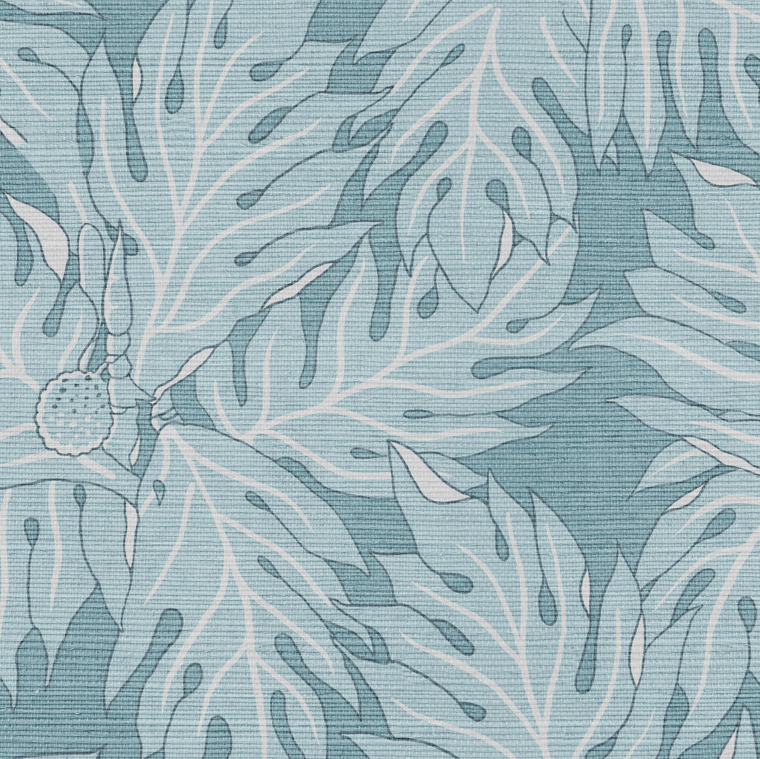 Blue Breadfruit Grasscloth wallcovering with a subtle woven texture and light blue botanical leaf pattern.