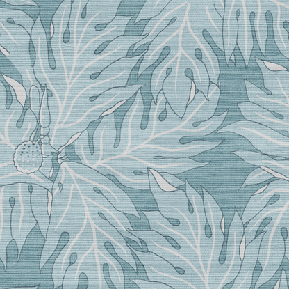 Blue Breadfruit Grasscloth wallcovering with a subtle woven texture and light blue botanical leaf pattern.