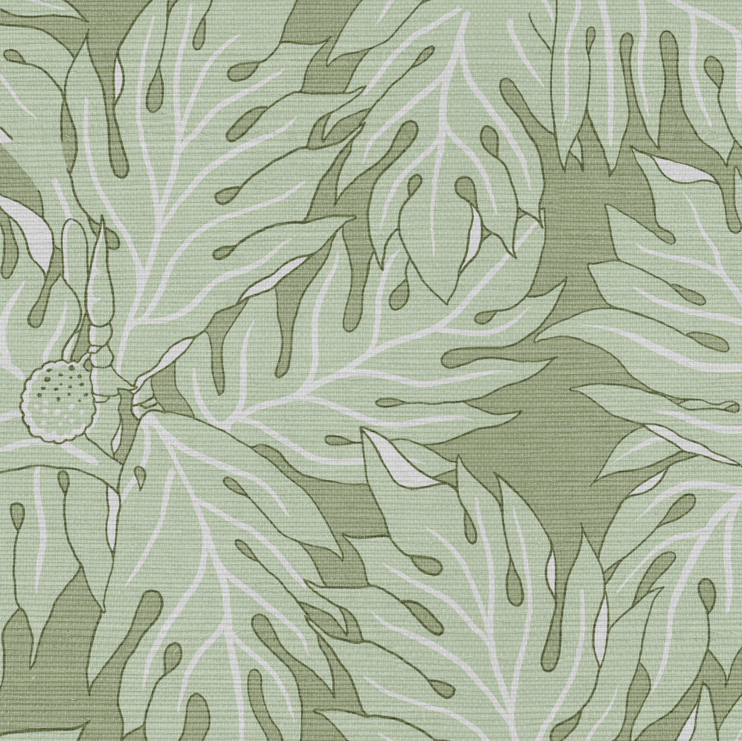 Green grasscloth wallcovering with a repeating breadfruit leaf pattern in light green and white.