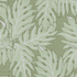 Green grasscloth wallcovering with a repeating breadfruit leaf pattern in light green and white.