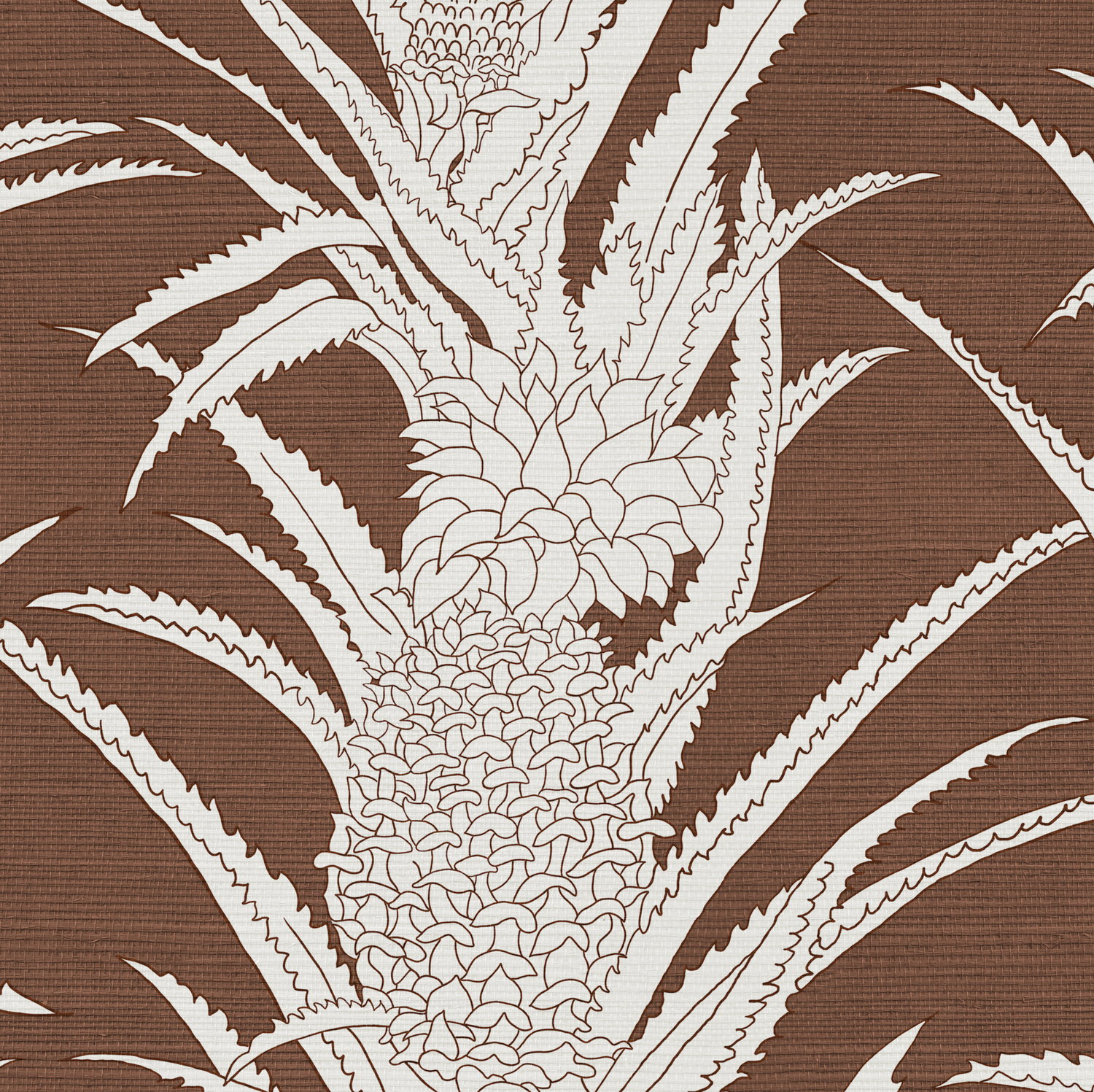 Brown grasscloth wallcovering with an off-white pineapple and leaf pattern.