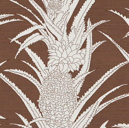 Brown grasscloth wallcovering with an off-white pineapple and leaf pattern.
