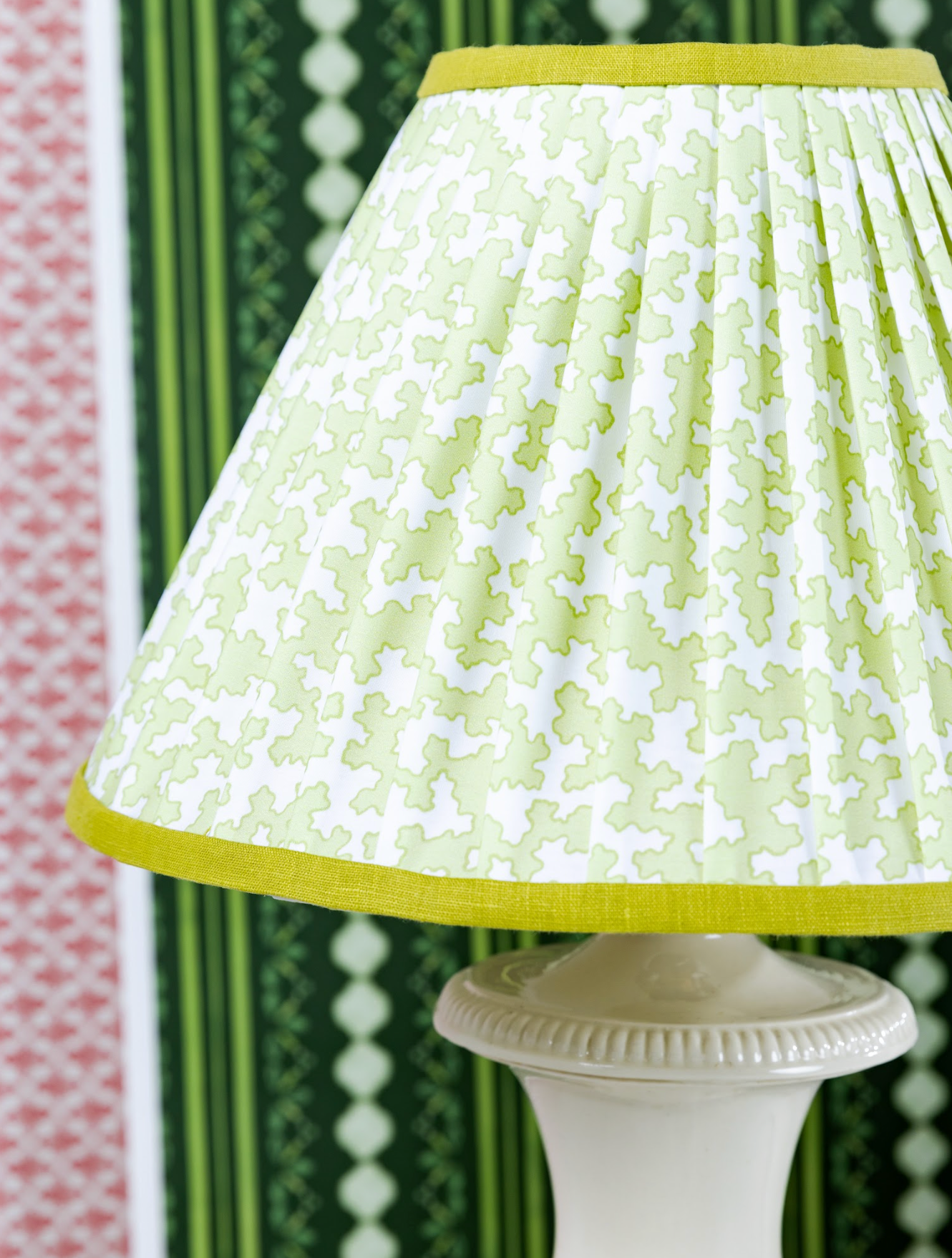 Dover Fabric - Apple linen-cotton blend lampshade with green abstract pattern and solid green trim.