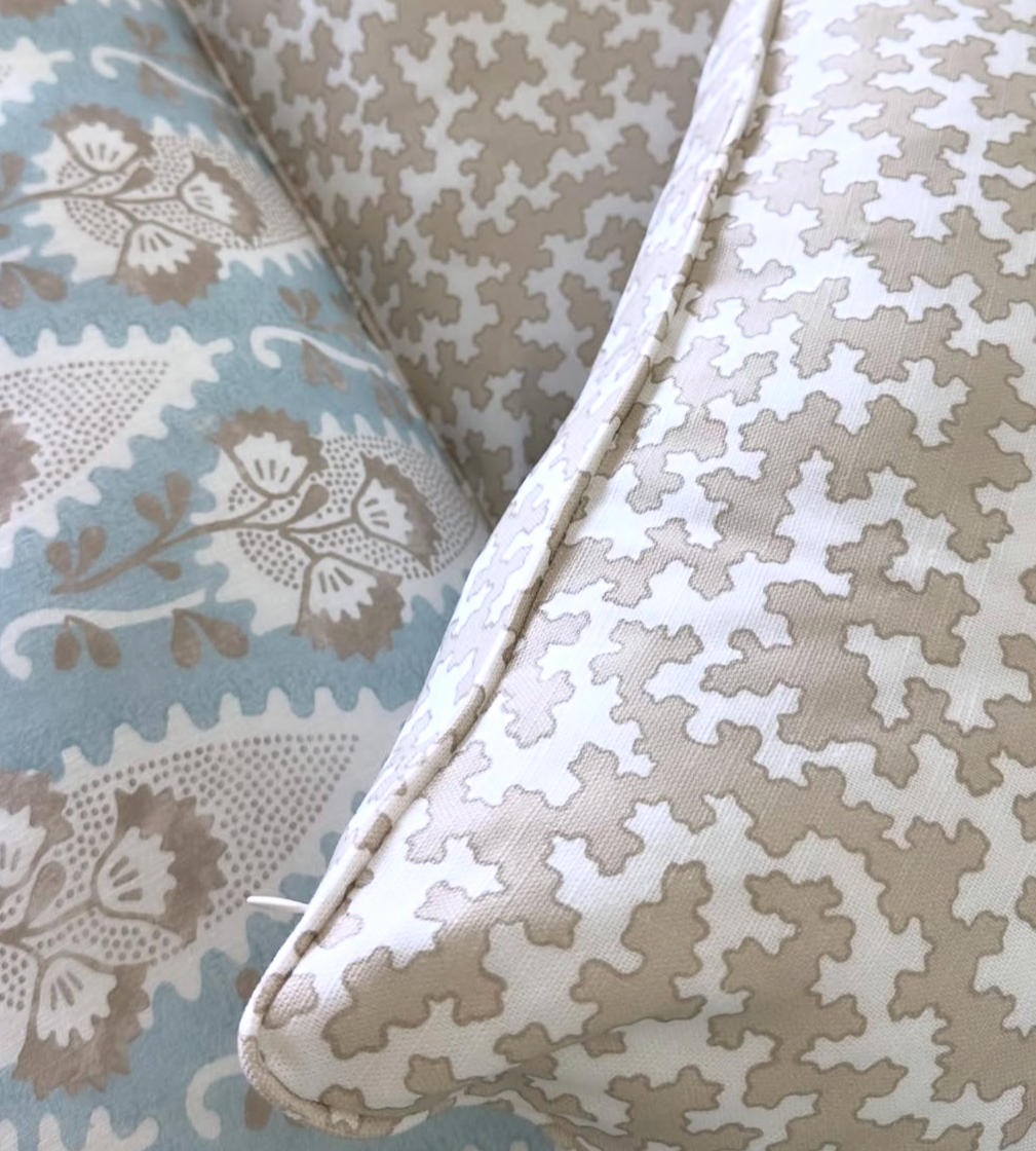 Dover Fabric - Sand, a linen-cotton blend with a beige and white geometric pattern.