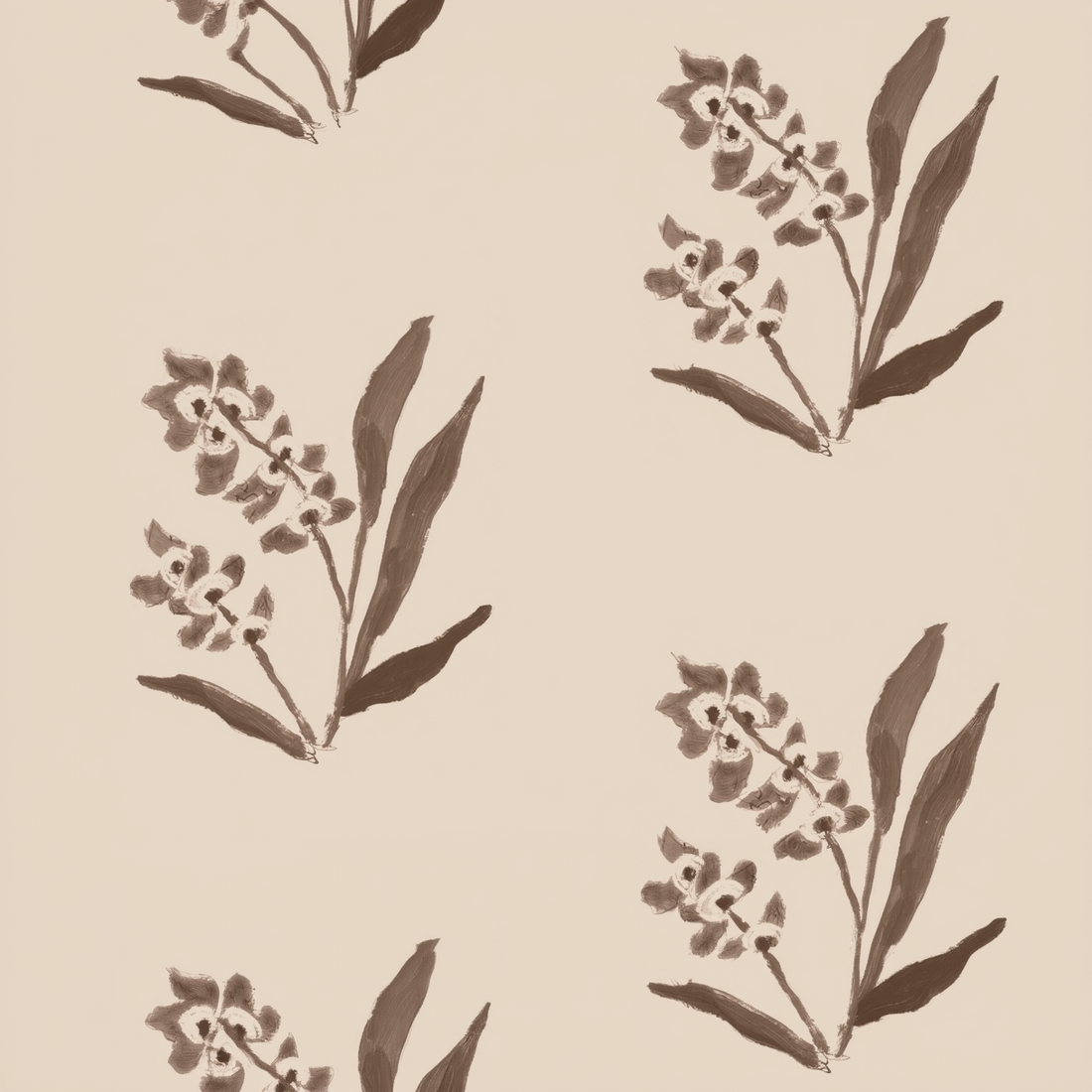 Macadamia clay coated wallpaper sample with a repeating inverse floral pattern in brown.