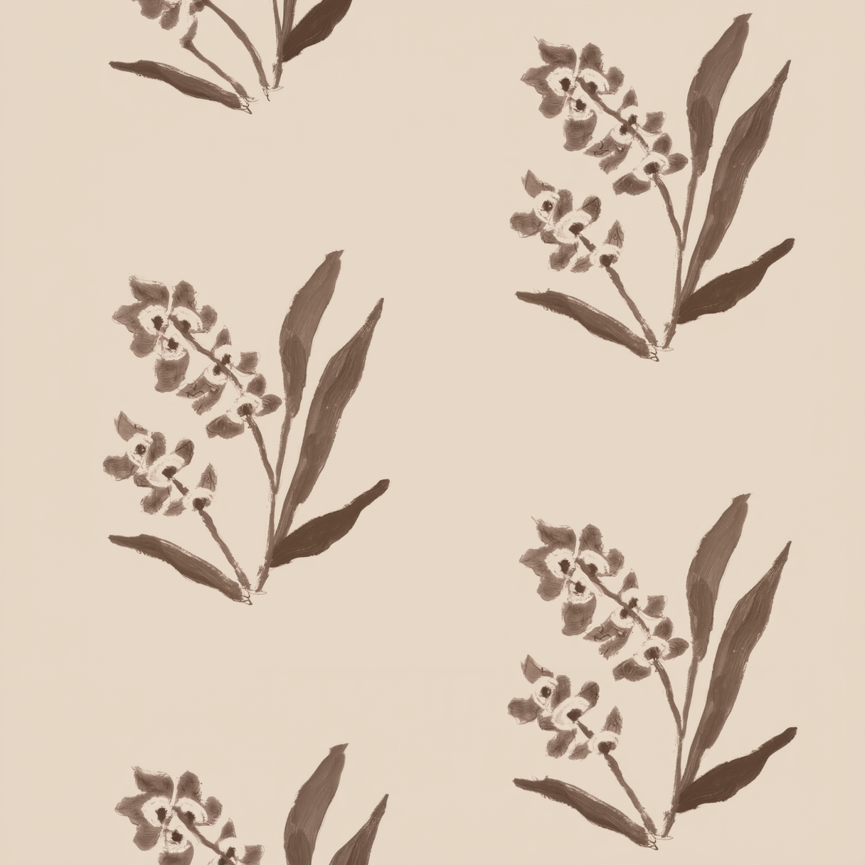 Macadamia clay coated wallpaper sample with a repeating inverse floral pattern in brown.