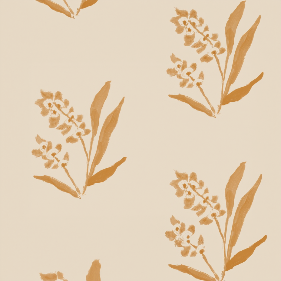 Marigold Marbella wallpaper sample with hand-painted floral sprigs on a light beige background.
