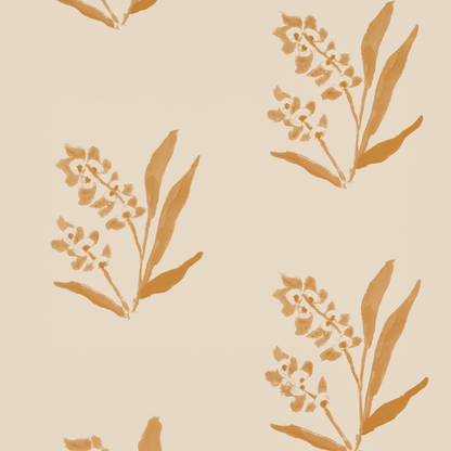 Marigold Marbella wallpaper sample with hand-painted floral sprigs on a light beige background.