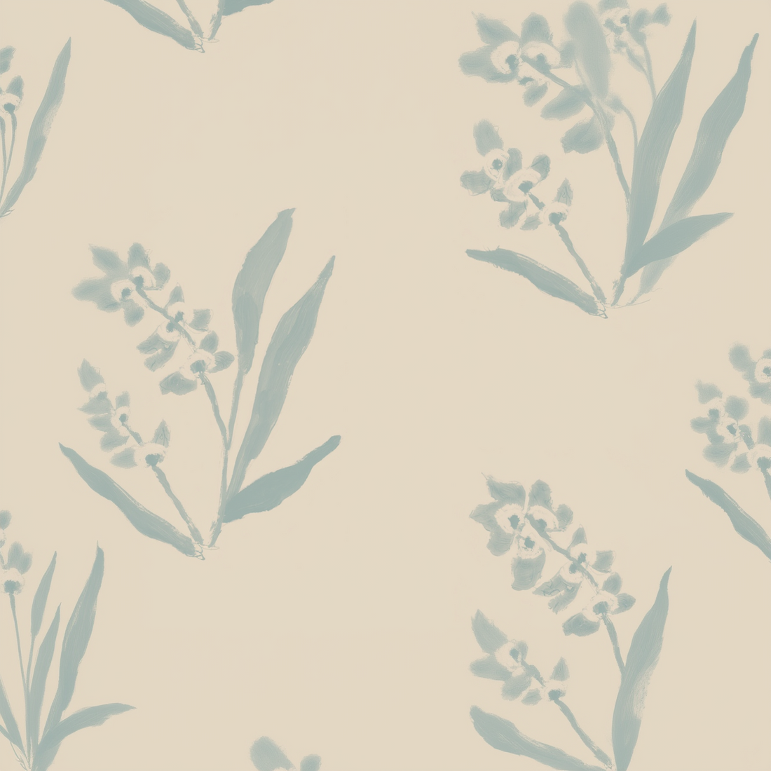 EH x Renee Bouchon Marbella Sea wallpaper with light blue floral pattern on a beige background.
