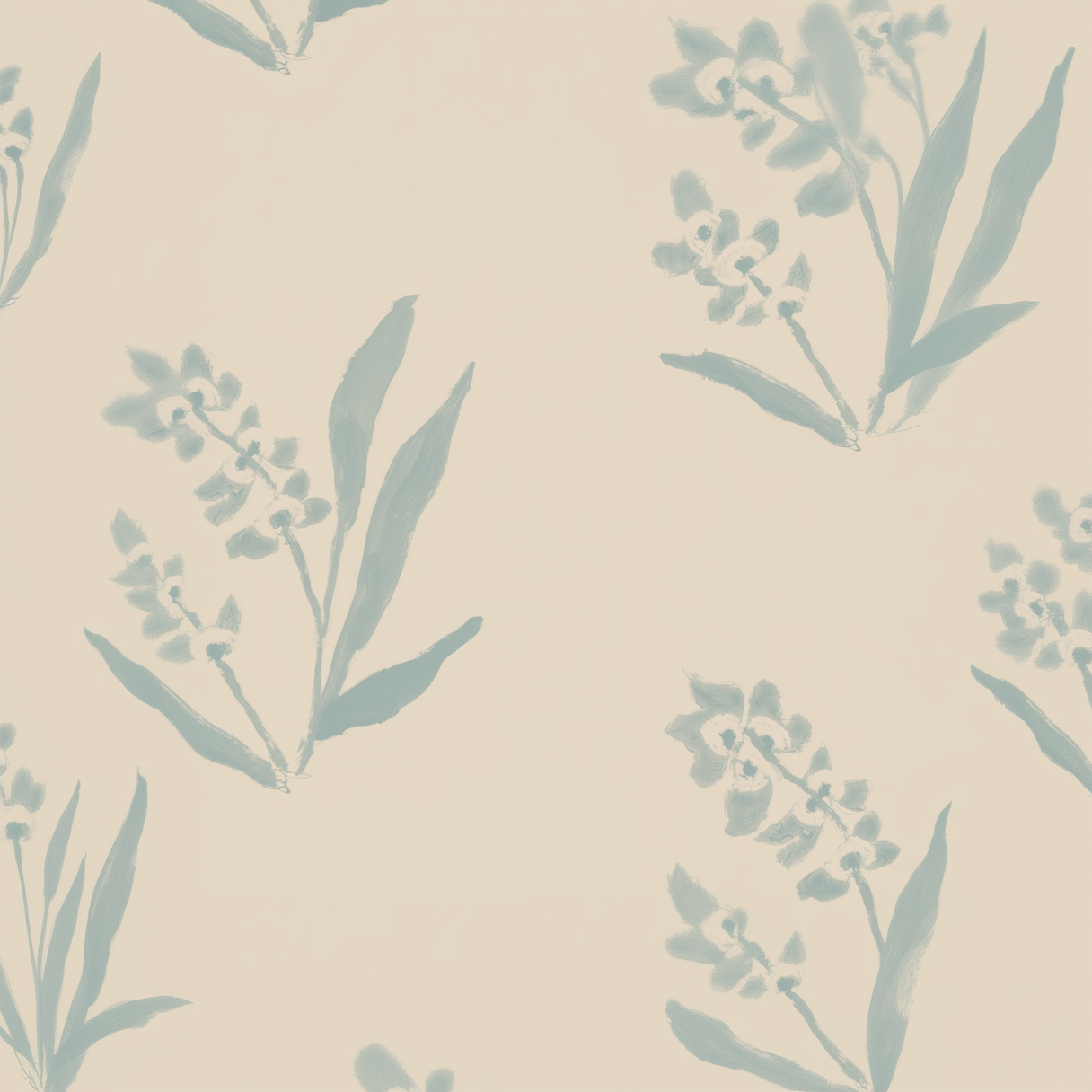 EH x Renee Bouchon Marbella Sea wallpaper with light blue floral pattern on a beige background.