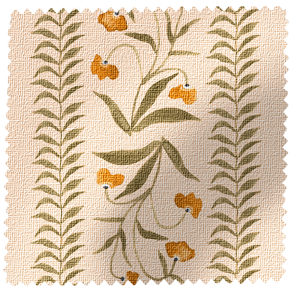 EH x Renee Bouchon Tula Fabric Yardage in Daffodil, 100% Linen, featuring a floral pattern with orange flowers and green leaves on a light background.