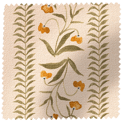EH x Renee Bouchon Tula Fabric Yardage in Daffodil, 100% Linen, featuring a floral pattern with orange flowers and green leaves on a light background.