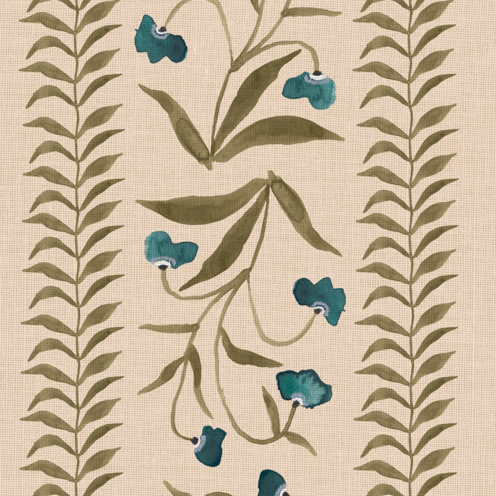 Lapis grasscloth wallcovering with teal flowers and olive green leaves on a beige background.