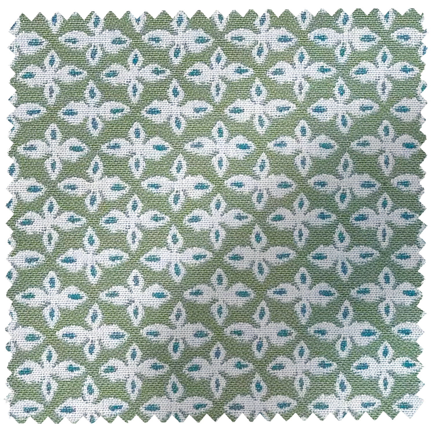 EH x Sunbrella Posey Fabric in Fern, featuring a green background with white and teal floral geometric pattern.