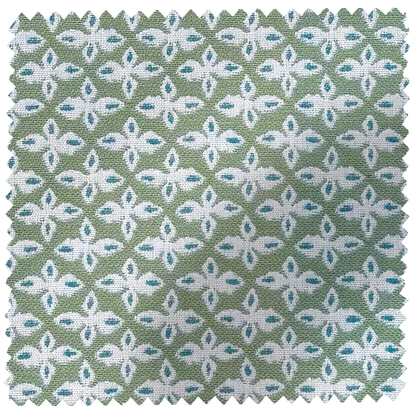 EH x Sunbrella Posey Fabric in Fern, featuring a green background with white and teal floral geometric pattern.