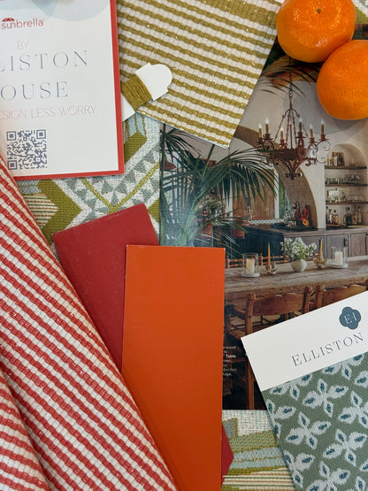Mustard EH x Sunbrella Thorton Fabric swatch, striped and patterned, with coordinating solid swatches and design inspiration.