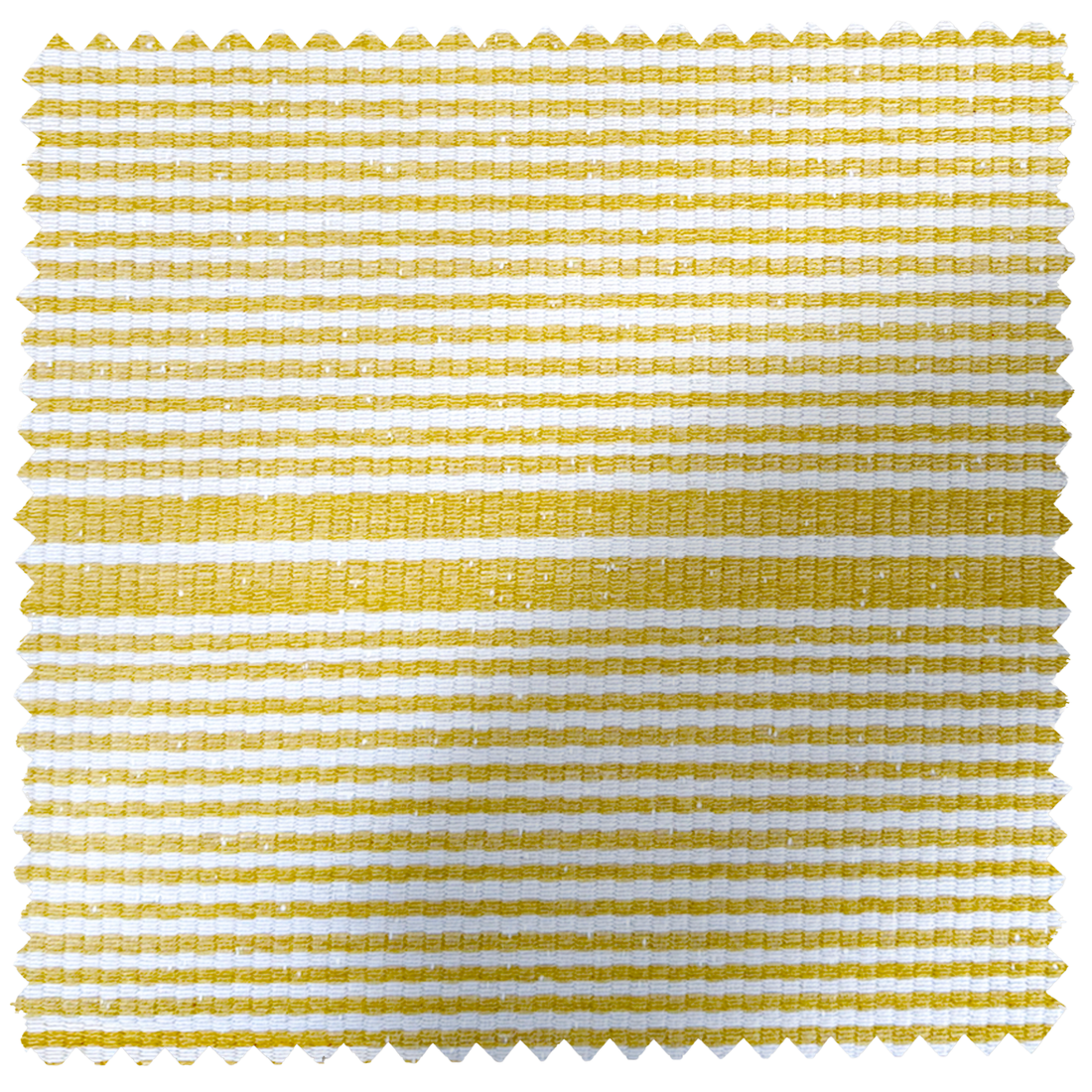 Mustard yellow and white striped Sunbrella performance fabric swatch with a textured weave.