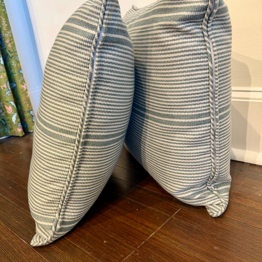 Pair of 22x22 EH x Sunbrella Thorton Surf indoor-outdoor pillows with blue and white stripes, self welt.