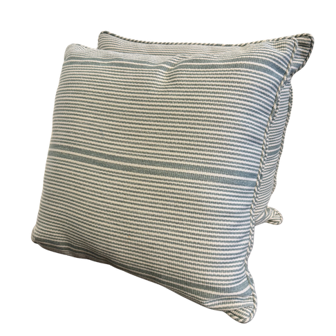 Pair of 18x18 EH x Sunbrella Thorton Surf indoor-outdoor pillows with blue and white stripes and self-welt trim.