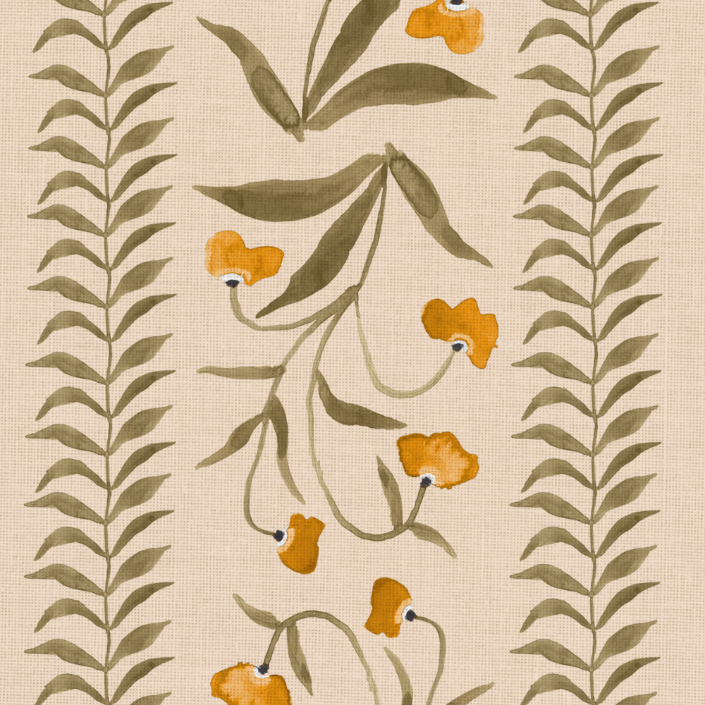 Daffodil Eh x Renee Bouchon Tula Grasscloth Yardage with a repeating pattern of orange flowers and green leaves.