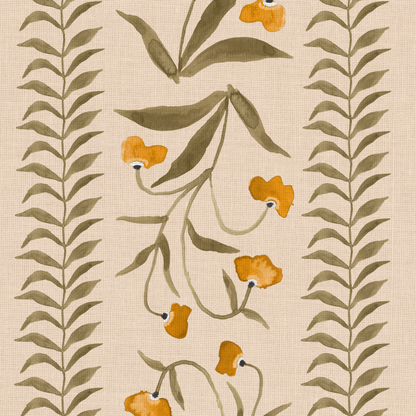 Daffodil Eh x Renee Bouchon Tula Grasscloth Yardage with a repeating pattern of orange flowers and green leaves.