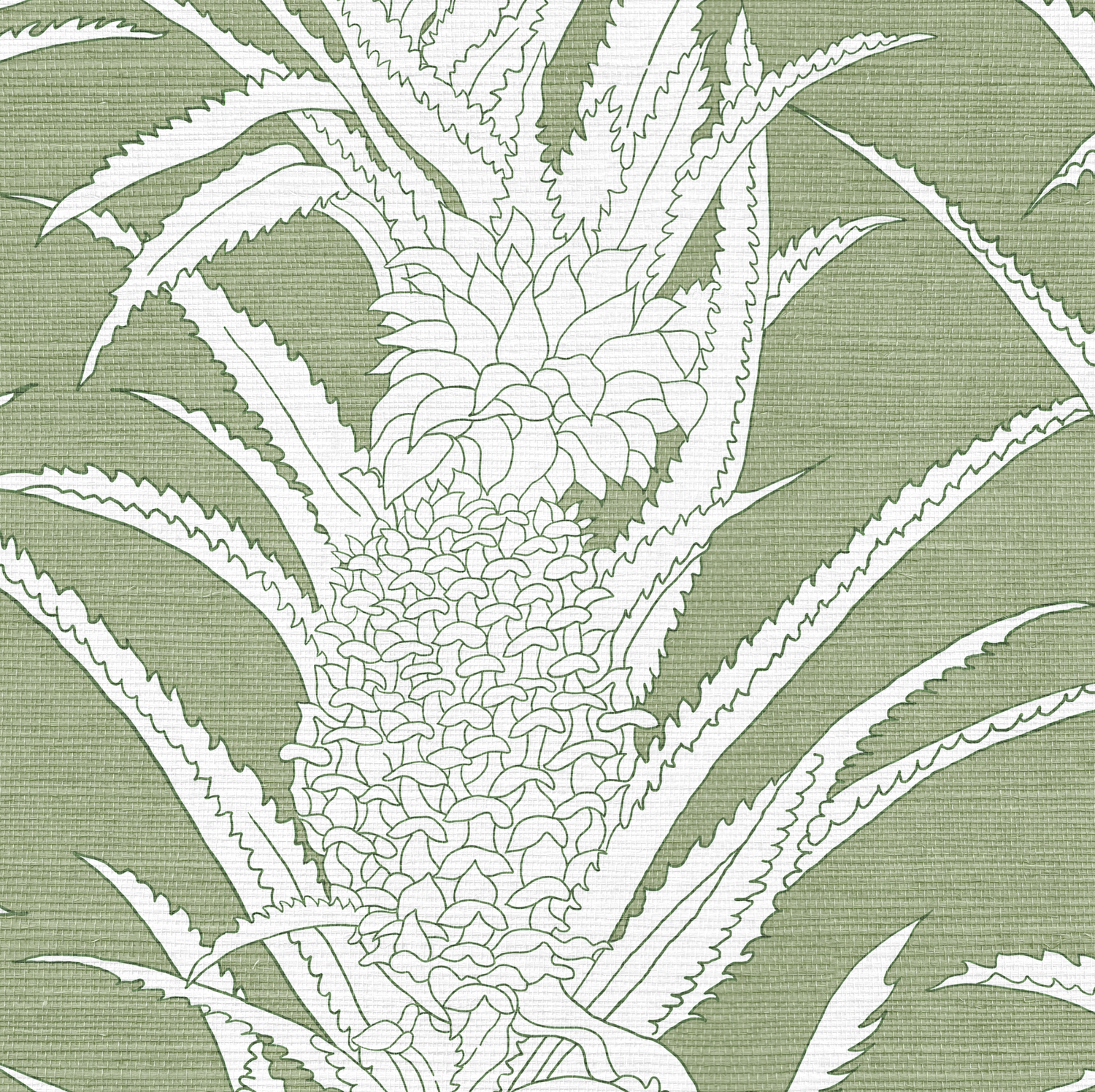 Green grasscloth wallcovering with a white pineapple and leaf pattern.