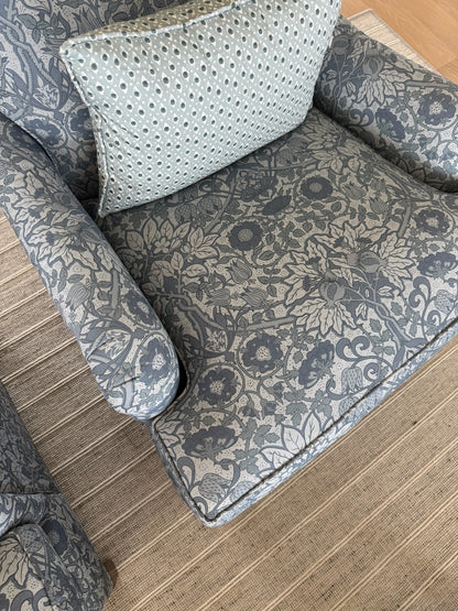 Cobalt Flora Fabric on a Belgian Oyster Linen armchair with a floral and botanical pattern.