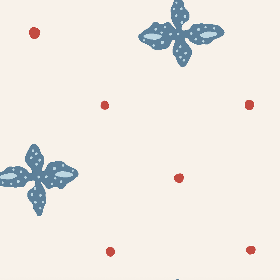 Folly Wallpaper in Cadet with a repeating pattern of blue floral shapes and small red dots on a cream background.