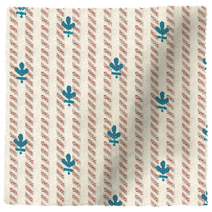 Cadet Heritage Ticking Fabric Sample: Cream linen-cotton blend with teal floral motifs and thin red striped pattern.