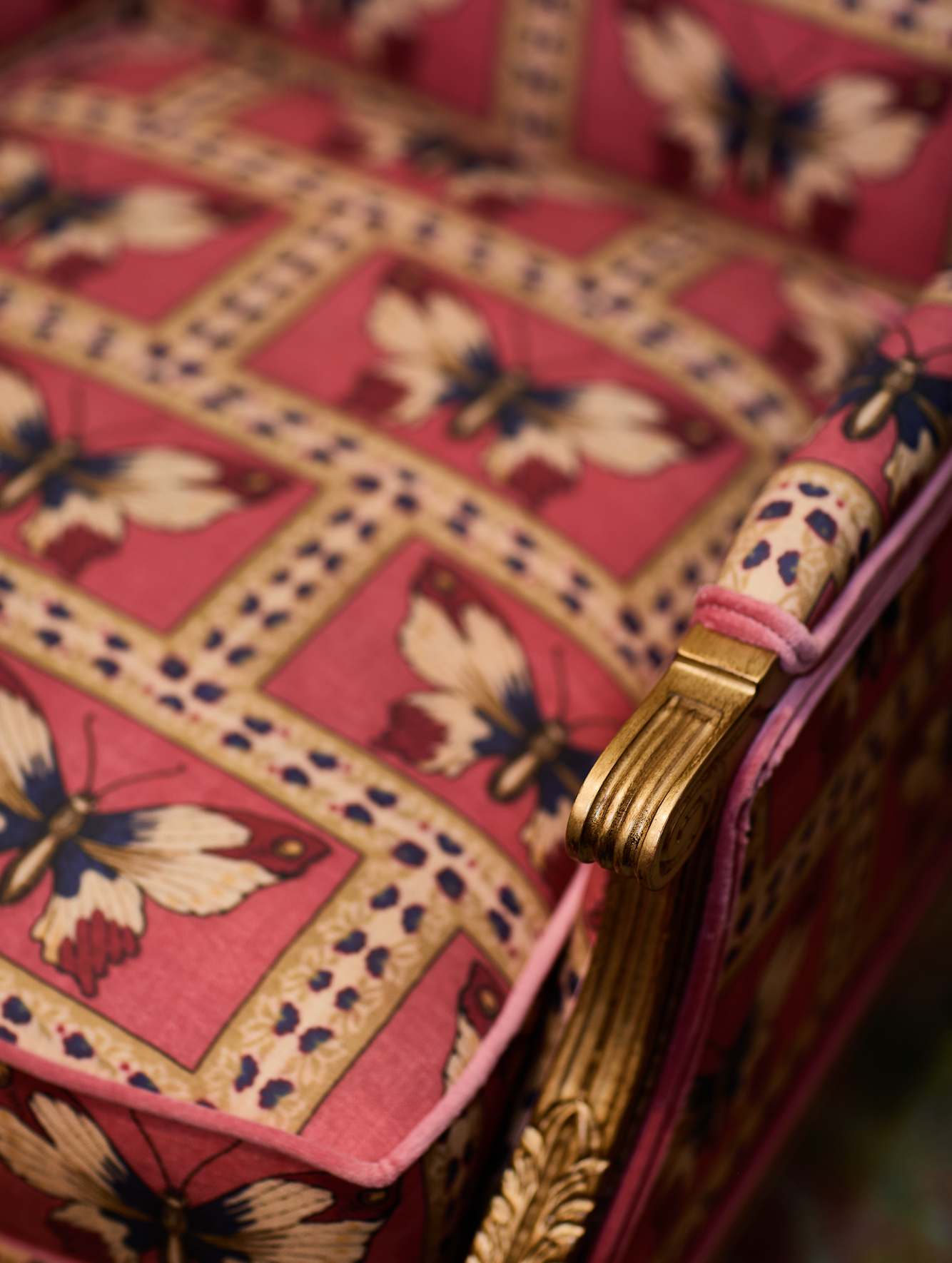 Monarch Fabric - Rouge, a linen-cotton blend with a butterfly pattern, upholstered on a chair with a carved gold armrest.