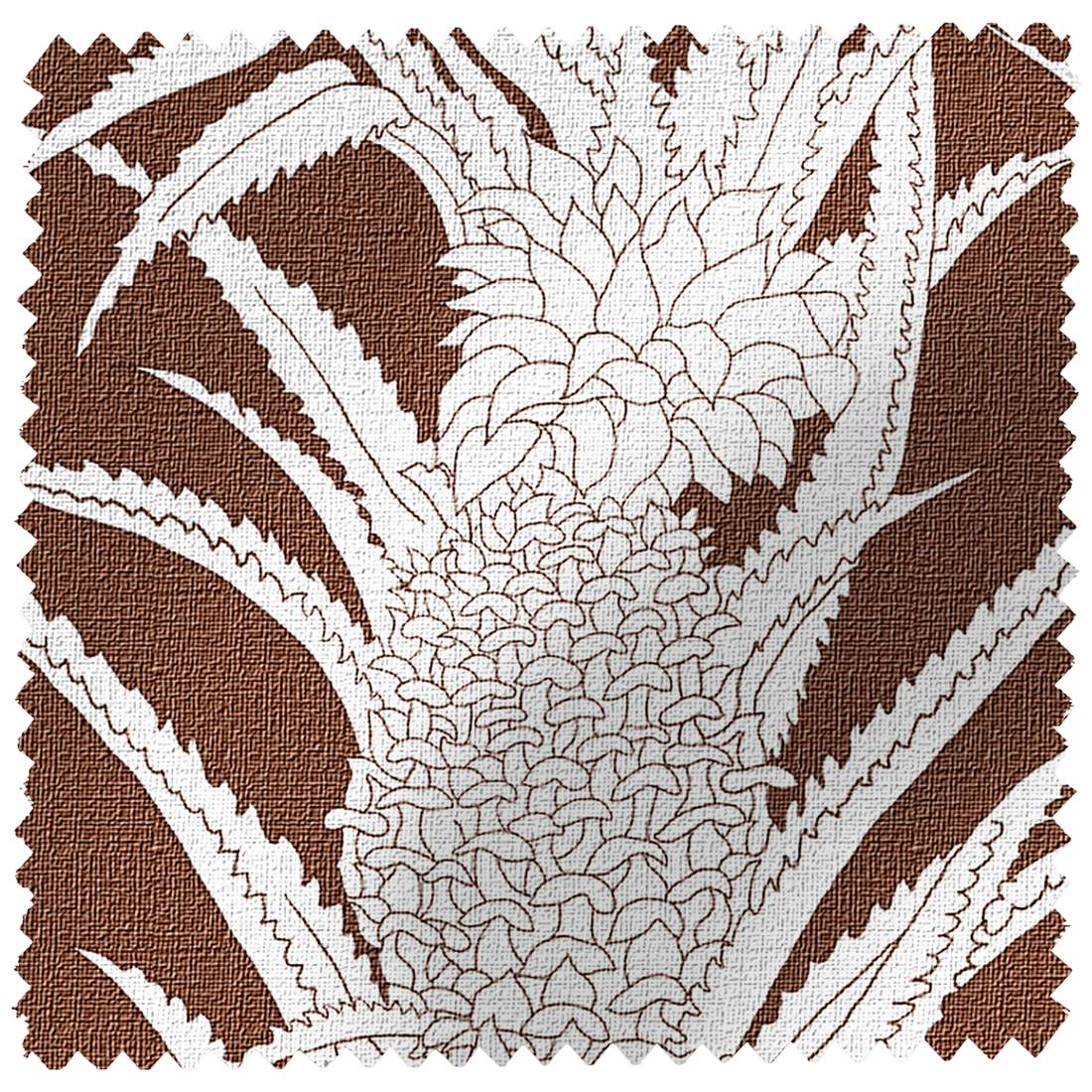 Brown performance fabric swatch with a white pineapple and leaf outline pattern.