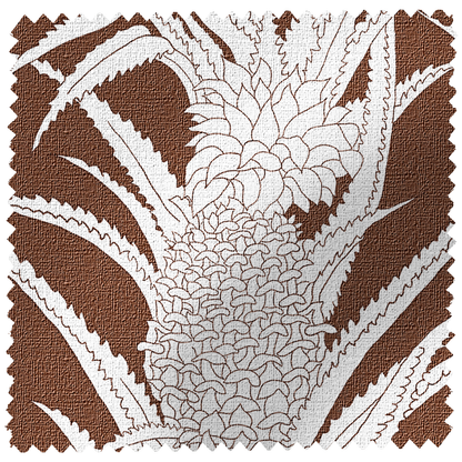Brown performance fabric swatch with a white pineapple and leaf outline pattern.