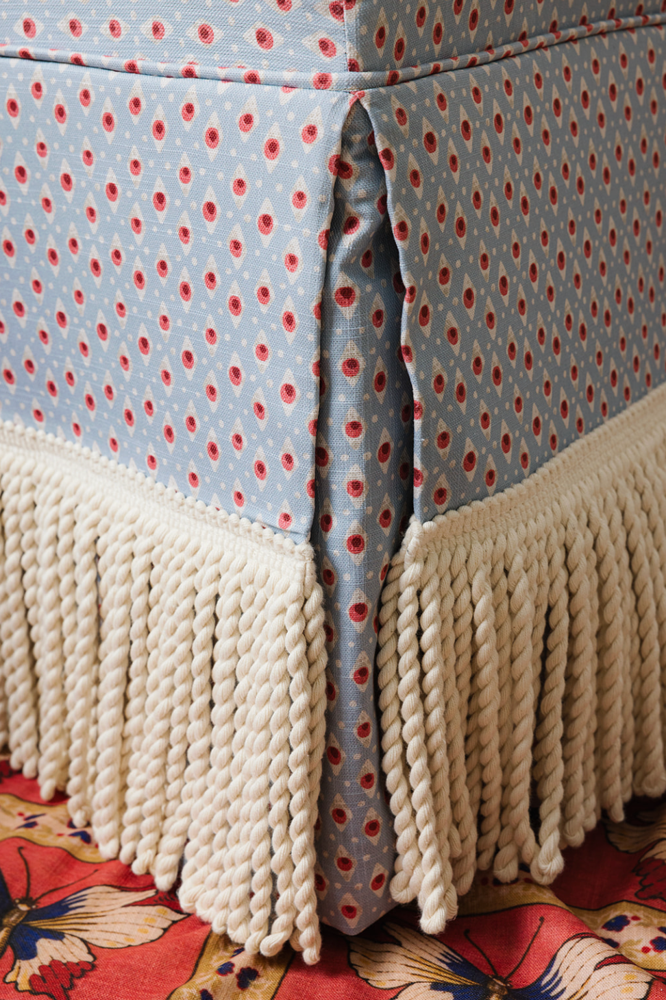 Desk Chair in Della Dot Radish Fabric with Cream Bullion Fringe