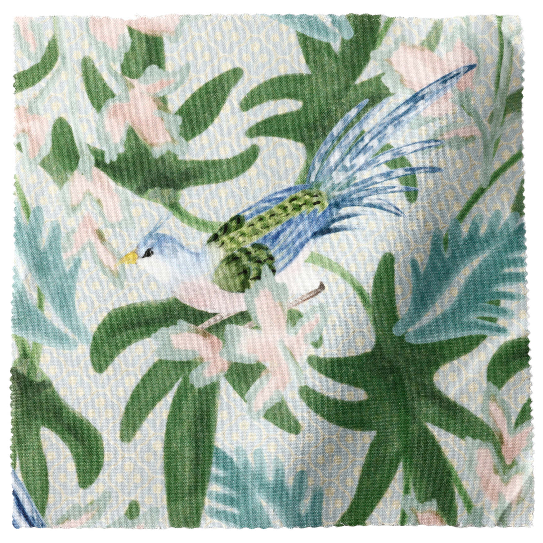 Sparrow Fabric - Caribbean: Belgian Linen with blue bird, green leaves, and pink flowers.