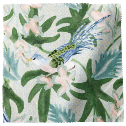 Sparrow Fabric - Caribbean: Belgian Linen with blue bird, green leaves, and pink flowers.