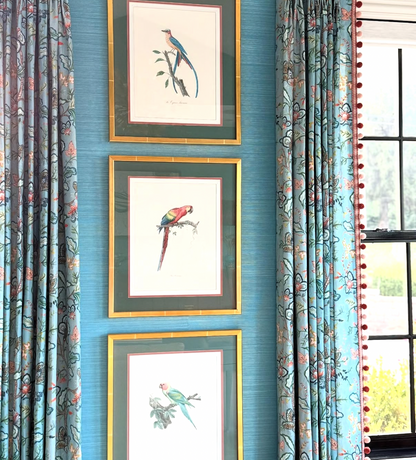 Vera Vine Fabric in House Blue, a Belgian linen with a floral and bird pattern, used as elegant curtains.