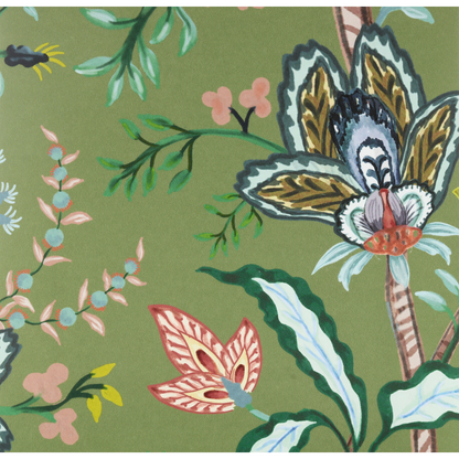 Vera Vine House Green Clay Coated Wallpaper with colorful floral and botanical pattern.